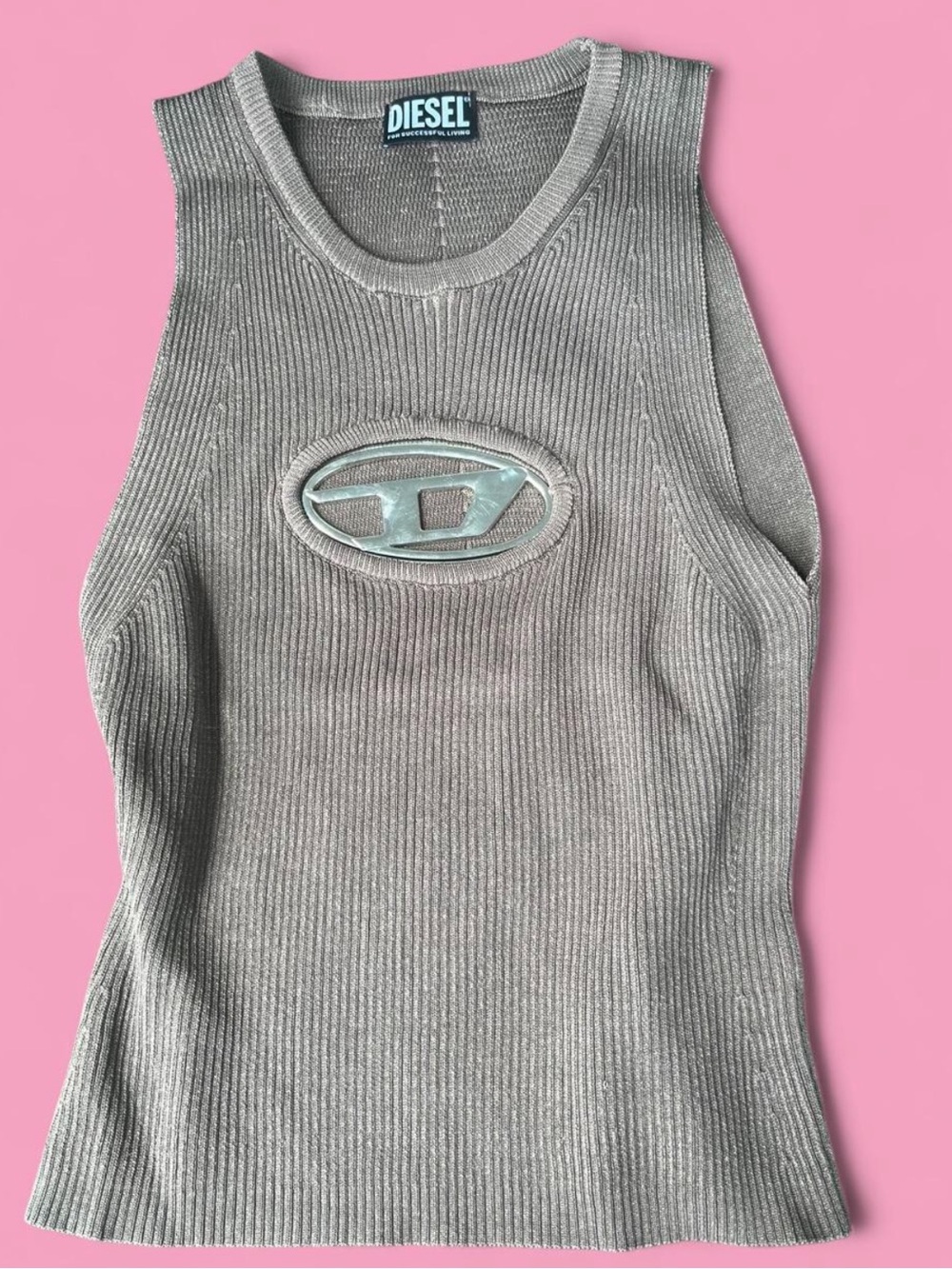 Diesel metal logo Brown Ribbed Knit Tank